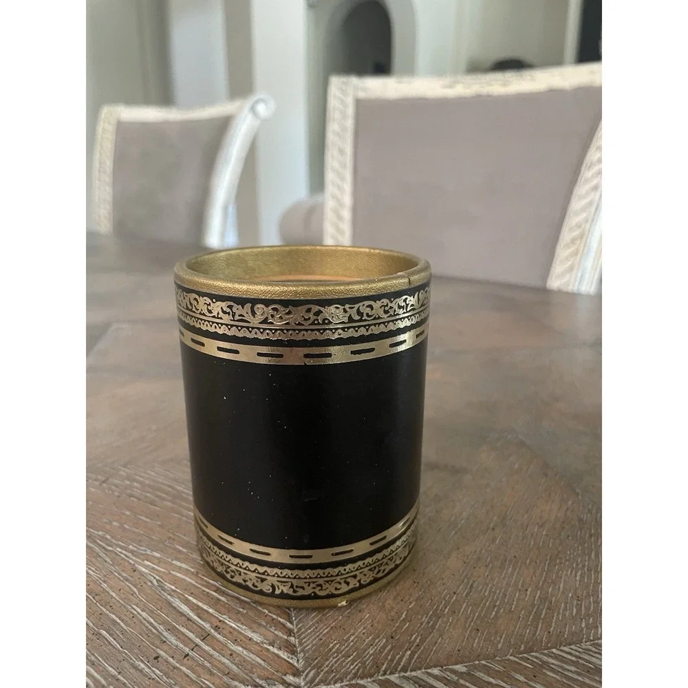 Vtg MCM Black Faux Leather Embossed Gold Gilt Pen Pencil Holder Desk Accessory